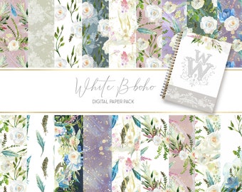 May include: A collection of digital paper patterns with floral and feather designs in shades of white, blue, purple, and green. A spiral-bound notebook with a floral design and the letter "W" is also visible. The text "White B boho DIGITAL PAPER PACK" is displayed.