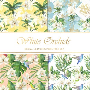 May include: A digital paper pack with four seamless patterns featuring white orchids and hummingbirds. The patterns are on yellow, blue, peach, and white backgrounds.