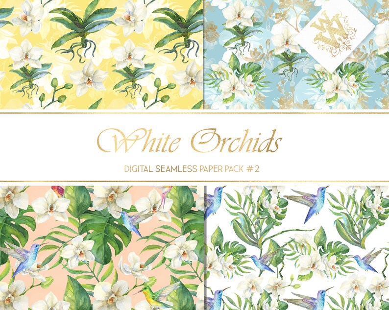 May include: A digital paper pack with four seamless patterns featuring white orchids and hummingbirds. The patterns are on yellow, blue, peach, and white backgrounds.