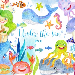 Watercolor sea creatures clipart cute kids mermaid baby shower nautical ocean animals clip art octopus whale jellyfish crab fish Underwater