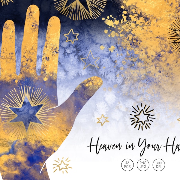 Silhouette hands symbolic floral graphic clip art, wet watercolor background texture golden splashes, stars png clipart