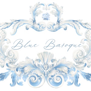 Blauwe elegante sierlijke illustraties, barokke elementen clipart, decoratieve bruiloft png