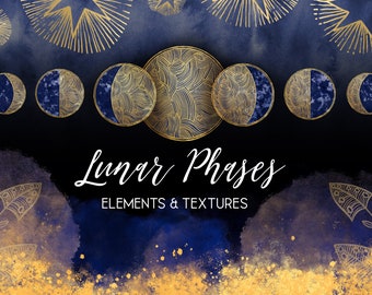 Gold Lunar Phases Clipart: Watercolor Moon & Stars (Digital Download)