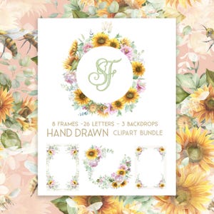 Sunflower & Peony Watercolor Frames PNG | Floral Wreaths, Green Monogram Alphabet, Rustic Wedding Clipart
