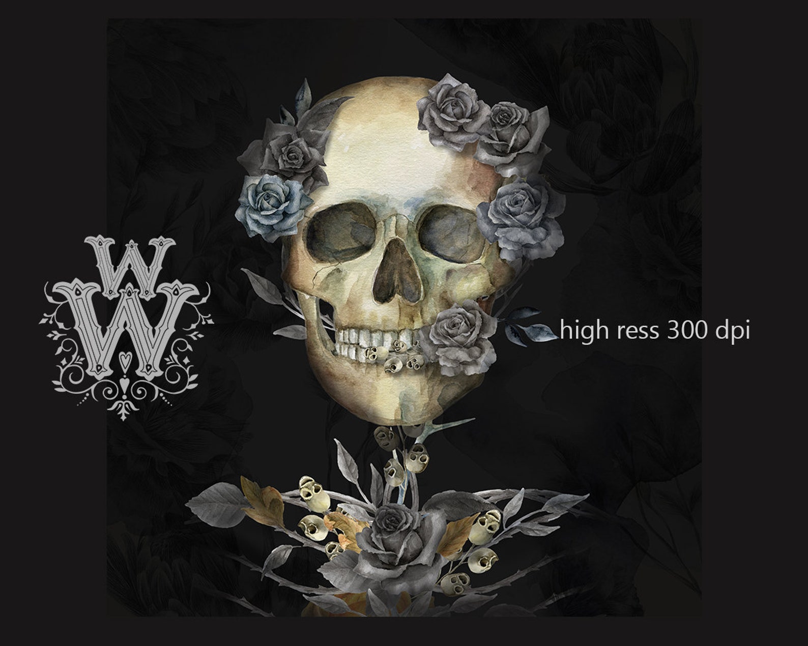 Watercolor Printable Skull Wall Art Halloween Gothic Party Etsy