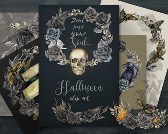 Puede incluir: Un conjunto de clipart de Halloween con una calavera con una corona de rosas negras, un cuervo con una corona de rosas negras y una corona de rosas negras con mariposas. El texto "No olvides tu alma." y "Clipart de Halloween" está incluido.