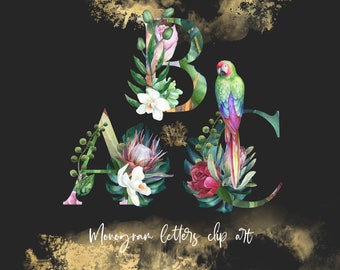 Watercolor Floral Alphabet Clipart: Tropical Letters, Exotic Orchid (PNG)