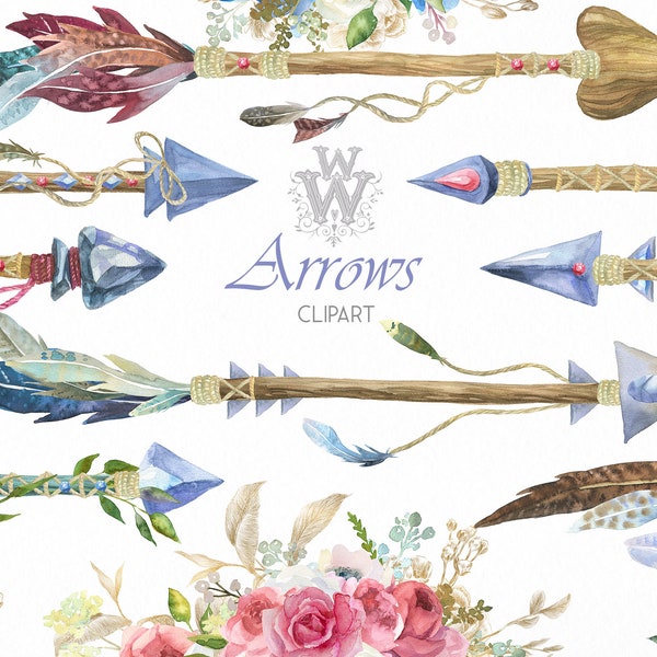Watercolor arrow clip art, Boho wedding clipart ethnic tribal watercolour crossed arrows hand painted bohemian bridal floral feather vintage