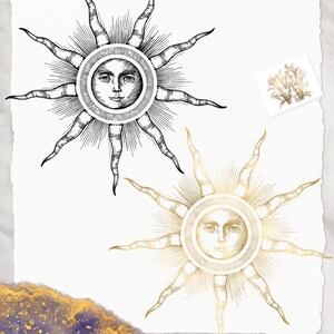 May include: Two sun illustrations with faces, one black and white, the other gold. Each sun has a central face surrounded by radiating lines and pointed rays. A small floral design is in the upper right corner. The artwork is on a textured, off-white background.
