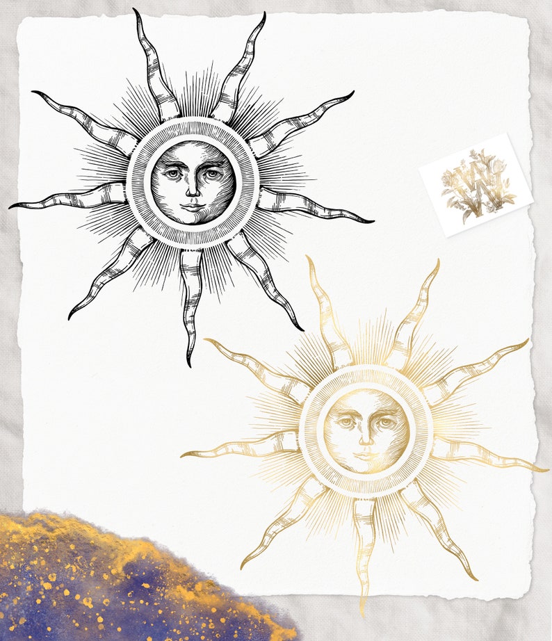 May include: Two sun illustrations with faces, one black and white, the other gold. Each sun has a central face surrounded by radiating lines and pointed rays. A small floral design is in the upper right corner. The artwork is on a textured, off-white background.