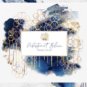 Acuarela azul y oro marcos abstractos clipart, clip art de borde geométrico, plantilla de invitación de boda png, formas índigo