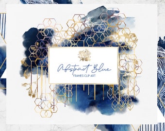 Watercolor Blue & Gold Frames Clipart: Geometric PNG Overlays (Digital Download)