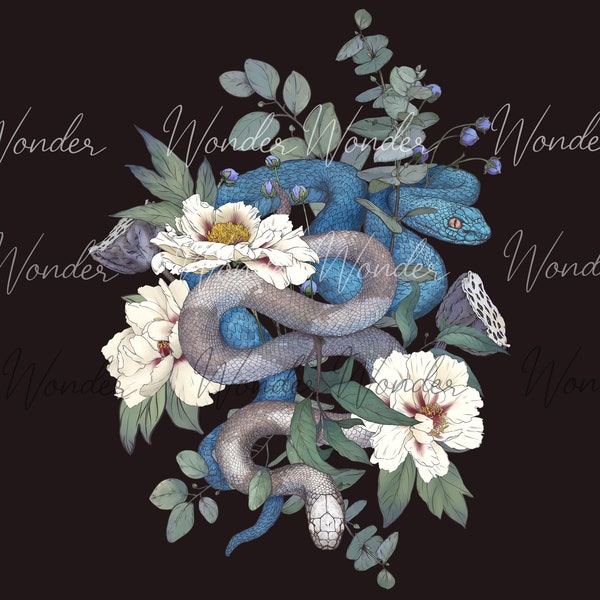 Floral snake high res png image, t-shirt sublimation design, snake clipart, gothic clip art, commercial use