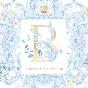 Blau & Gold Aquarell Ornamente Clipart, Königliche Barock Bordüren, Monogramm Buchstaben, Winter Baby Boy Design, Goldfolie Wappen PNG