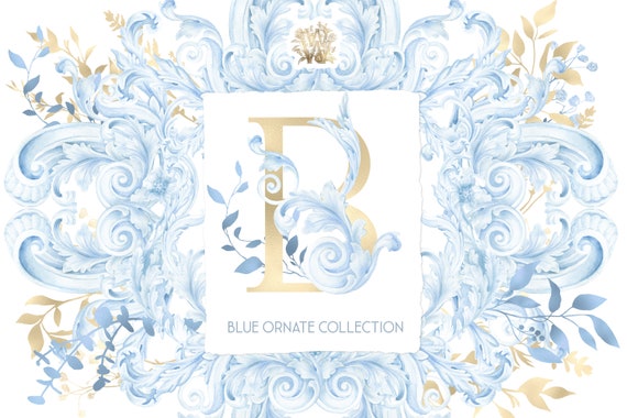 Blue & Gold Watercolor Ornament Clipart: Baroque Frames, Monogram Letters (PNG), ornate bundle