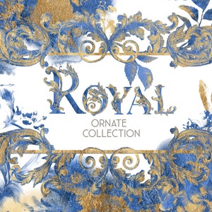 Goud en blauw barokke illustraties, koninklijke bruiloft frames, luxe monogram png, decoratieve randen, kuif, Victoriaanse achtergrond, elegante branding