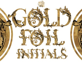 Gold Foil Ornate Initial Clipart: Hand Drawn Victorian ornamental Alphabet (PNG)