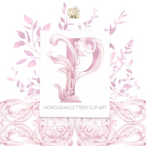 Roze monogram letters clipart, prinses initialen illustraties, PNG alfabet, baby shower koninklijke partij, vintage crest ABC, ornament, bladeren
