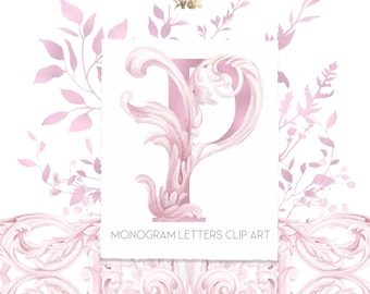 Roze monogram letters clipart: handgetekende prinses eerste png, regentschap stijl alfabet (digitale download)