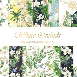 May include: A digital paper pack with 12 seamless patterns featuring white orchids, green leaves, and hummingbirds. The patterns are in various colors, including blue, green, yellow, and black. The text "White Orchids" and "Digital Seamless Paper Pack #2" is displayed on a white banner.