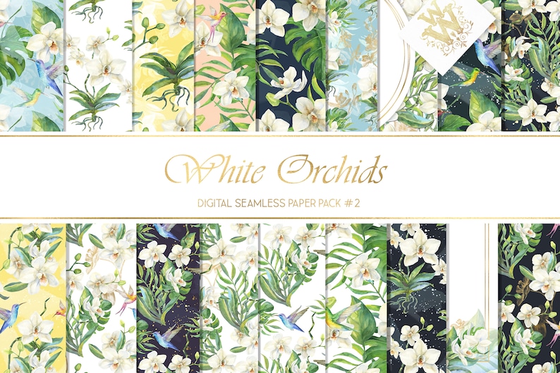 May include: A digital paper pack with 12 seamless patterns featuring white orchids, green leaves, and hummingbirds. The patterns are in various colors, including blue, green, yellow, and black. The text "White Orchids" and "Digital Seamless Paper Pack #2" is displayed on a white banner.