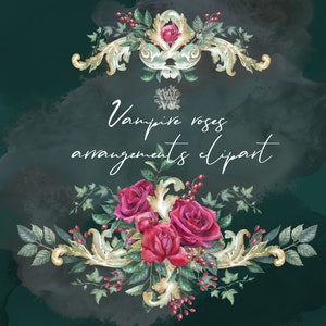 Watercolor Red Rose Clipart: Gothic Wedding Wreath (Digital Download)