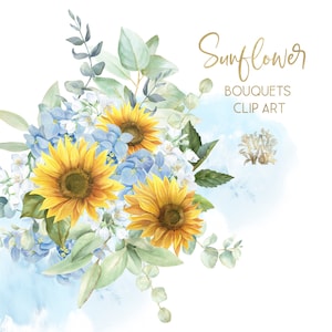Acuarela Girasol Clipart, hortensia azul Clip Art, borde botánico, ramo floral png, boda vintage, arte de eucalipto, flor nupcial