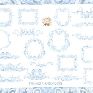 May include: A set of 14 blue watercolor frames and borders with ornate designs. The frames and borders are perfect for adding a touch of elegance to any project.