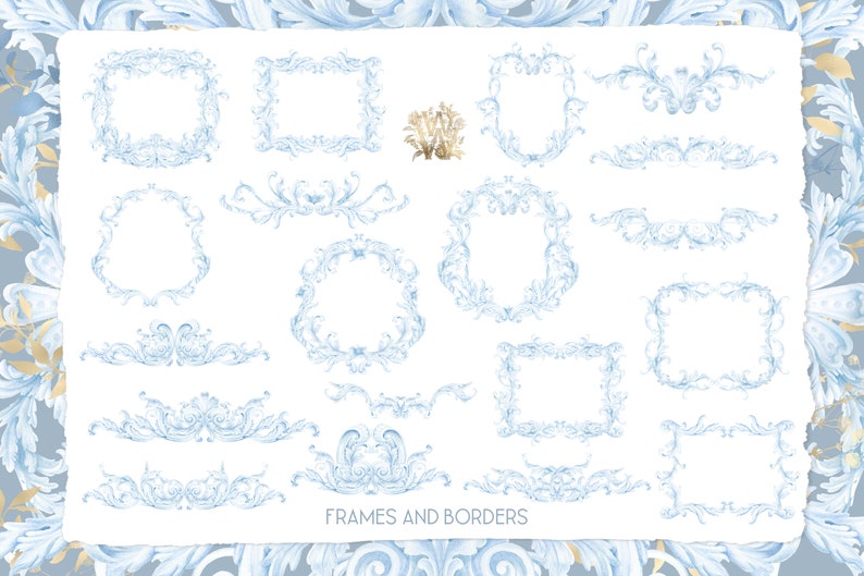 May include: A set of 14 blue watercolor frames and borders with ornate designs. The frames and borders are perfect for adding a touch of elegance to any project.