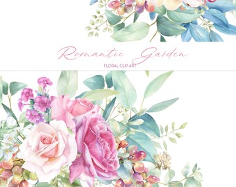Watercolor Rose Clipart: Blush Pink Floral Bouquet, Gold Frame (PNG)