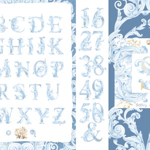 May include: A set of blue and white decorative alphabet letters and numbers with ornate floral designs. The letters and numbers are on a white background. The image also includes a blue and white floral pattern background.