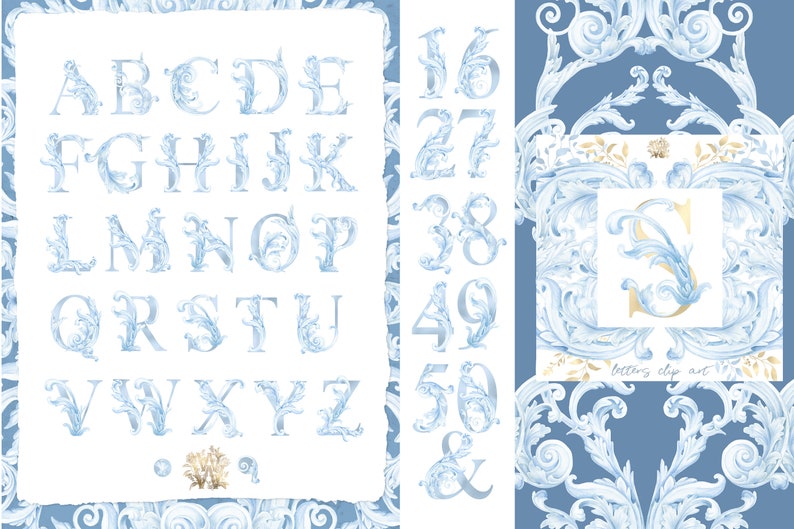 May include: A set of blue and white decorative alphabet letters and numbers with ornate floral designs. The letters and numbers are on a white background. The image also includes a blue and white floral pattern background.
