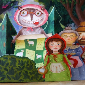 Finger puppets paper theatre, instant download, printable craft for kids, digital fairytale Little Red Riding Hood, party favors doll DIY