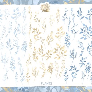 May include: A collection of 30 hand-painted watercolor botanical illustrations featuring delicate blue and gold leaves and branches. The illustrations are arranged in two rows on a white background with the word "PLANTS" centered below.