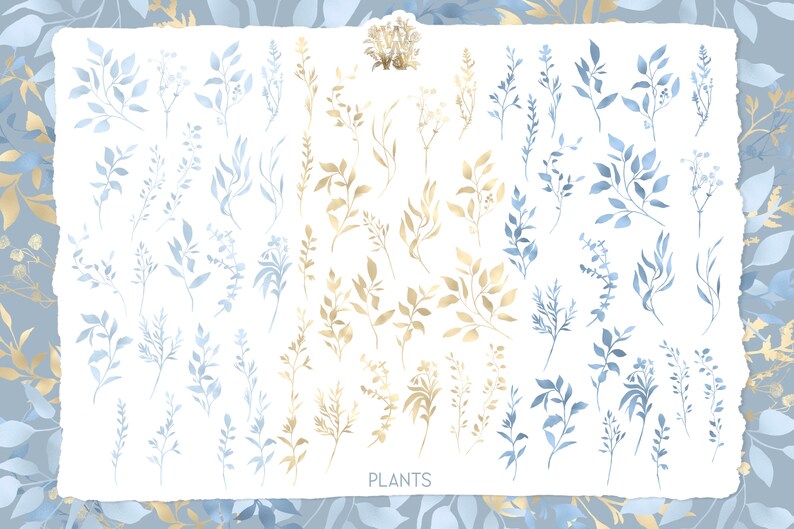 May include: A collection of 30 hand-painted watercolor botanical illustrations featuring delicate blue and gold leaves and branches. The illustrations are arranged in two rows on a white background with the word "PLANTS" centered below.