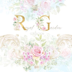 Pink Rose Clipart Bundle, Watercolor Floral Borders, Wedding Monogram PNG, Blush Flower Wreaths
