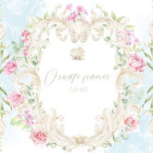 Aquarell Blumenrahmen PNG, rosa Rosen & Pfingstrosen Clipart, Barocke Hochzeitsgrenze, Vintage Swirly Ornament, viktorianischer Stil Digital Download