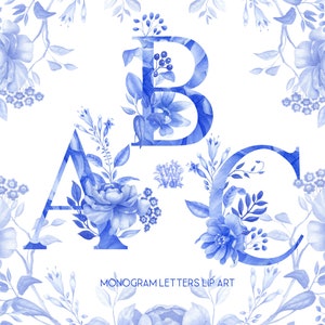 Imágenes prediseñadas de letras y números florales azules, imágenes prediseñadas del alfabeto monograma de boda, iniciales de acuarela PNG, adorno de estilo vintage, chinoiserie