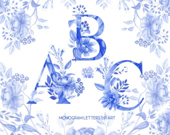 Letras de monograma floral azul: Clipart de acuarela estilo chinoiserie (PNG)