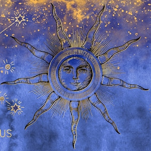 May include: A blue and gold illustration featuring a sun with a face, surrounded by star constellations. The word "AQUARIUS" is at the bottom left, and "LEO" is at the bottom right. The background is a watercolour wash.