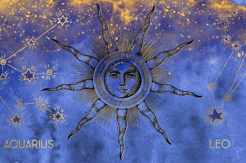 May include: A blue and gold illustration featuring a sun with a face, surrounded by star constellations. The word "AQUARIUS" is at the bottom left, and "LEO" is at the bottom right. The background is a watercolour wash.