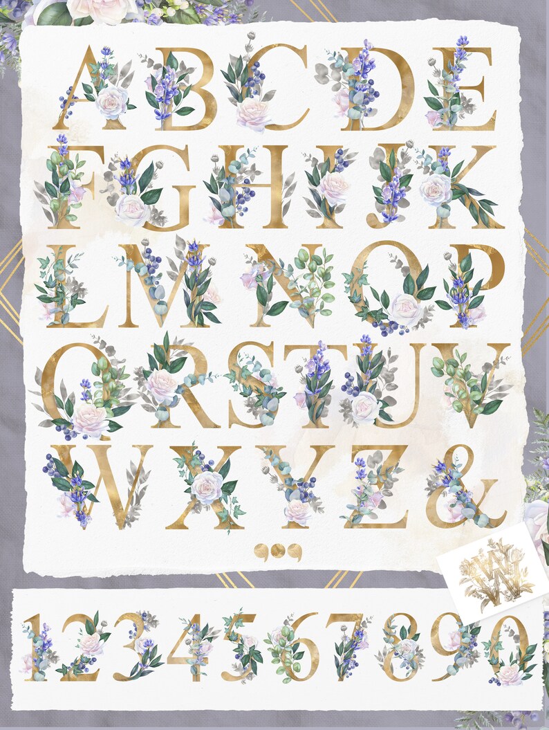 Clipart z kwiatowym alfabetem, monogram PNG, białe litery róży, herb ślubny ze złotej folii, malowane ręcznie zdjęcie 7