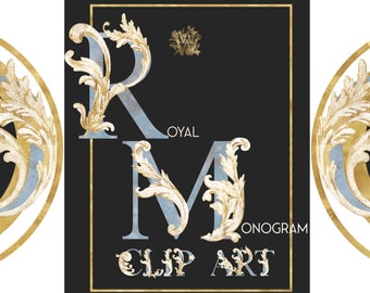 Imágenes prediseñadas de alfabeto ornamentado azul y dorado: letras dibujadas a mano al estilo Regencia, iniciales de monograma de lujo (PNG)