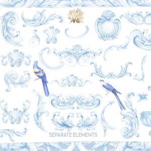 May include: A collection of blue and gold watercolor illustrations of ornate scrollwork, birds, and a decorative urn. The text "SEPARATE ELEMENTS" is at the bottom of the image.