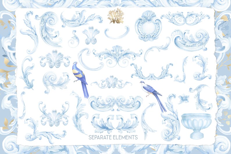 May include: A collection of blue and gold watercolor illustrations of ornate scrollwork, birds, and a decorative urn. The text "SEPARATE ELEMENTS" is at the bottom of the image.