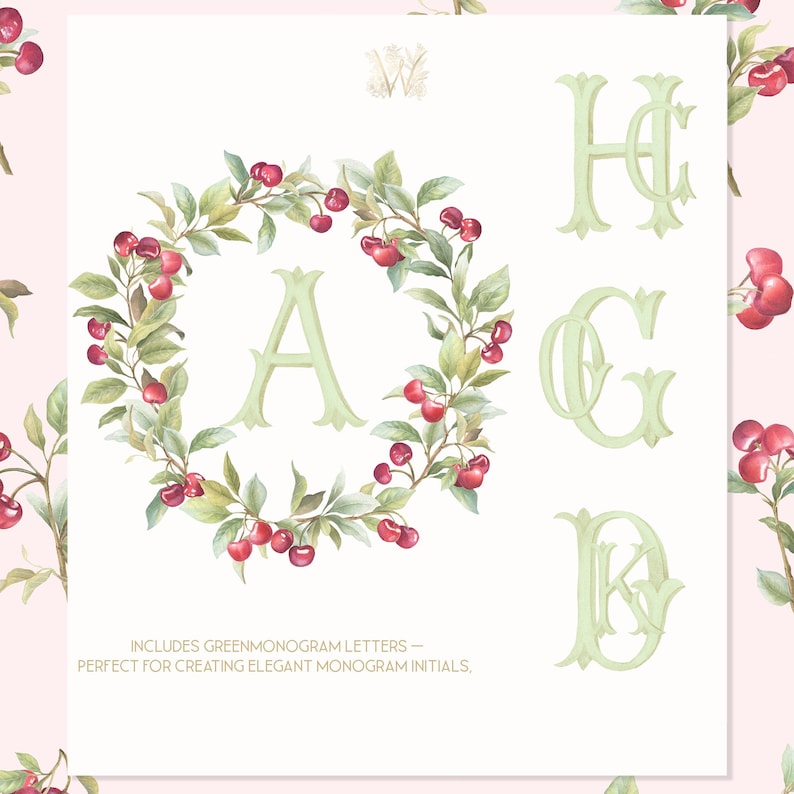 Cherry Watercolor Clipart | Green Leaf Borders, Hand-drawn PNG Wreath ...