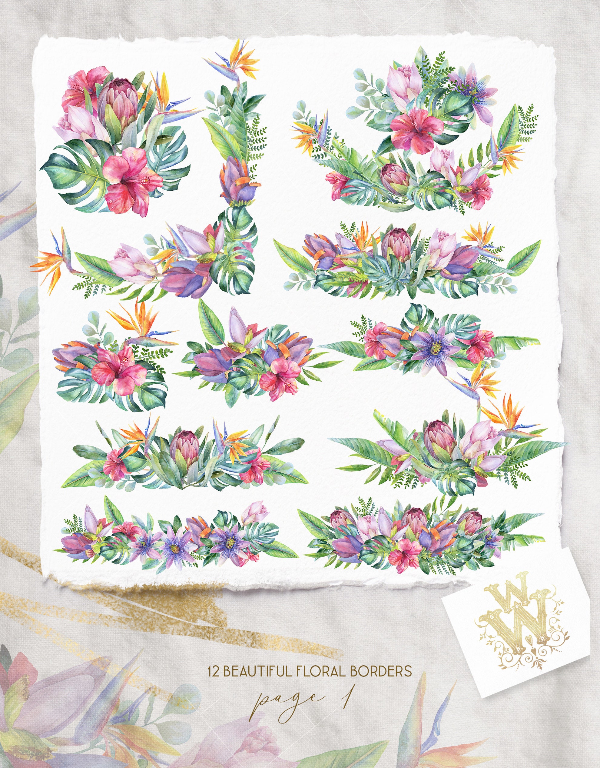 Watercolor tropical clip art floral border clipart exotic | Etsy