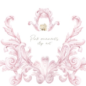 Aquarell Rosa Ornamente Clip Art, Barocke Elemente Clipart, Prinzessinnen Bordüren, antike Laubsägearbeit, königliche Babyparty, Es ist ein Mädchen