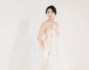Sunhee Korean Modern Bridal Hanbok Dress White & Gold