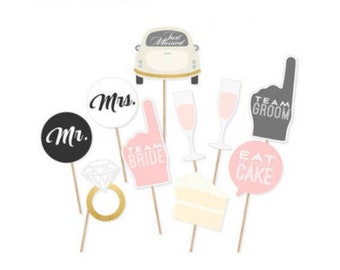 Wedding Photobooth Props Set | Pink, Mr, Mrs, Team Groom, Team Bride, Selfie, Just Married, Cake